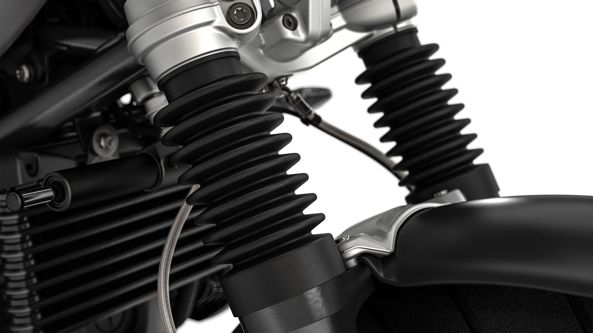 Vemos las horquillas telescópicas con fuelle de la R nineT Scrambler.